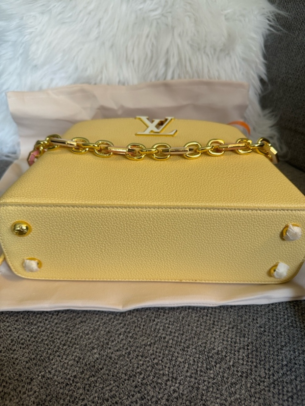 Bag yellow top Handle Satchel with Pink Chain Accents - Picture 11 of 14